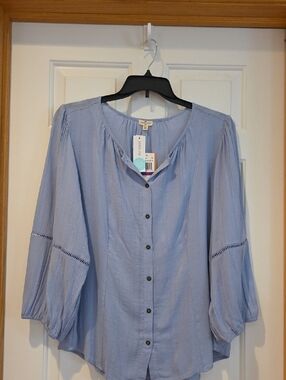 Women's XXL Light Blue Button-Front Peasant Blouse - Women's